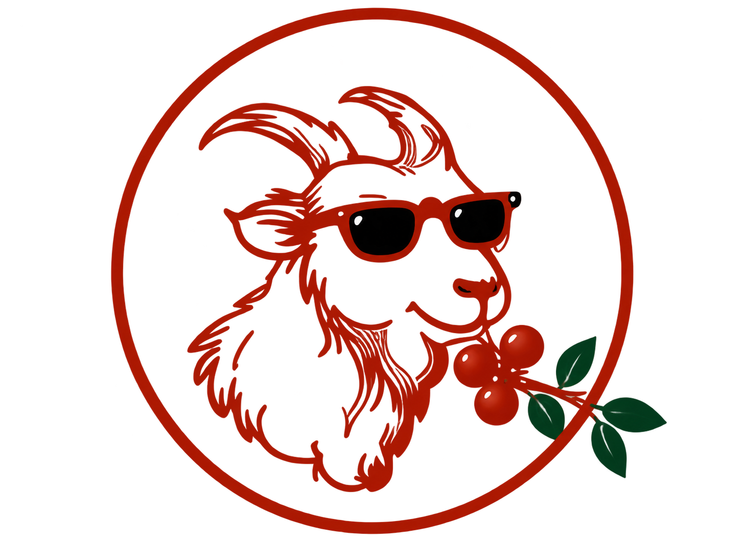 Ethiopica’s goat emblem, wearing sunglasses beside coffee cherries